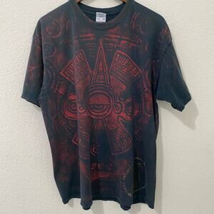 Distressed Aztec Tribal Graphic Tee Grunge Y2K Faded Heavyweight Shirt Mens XL